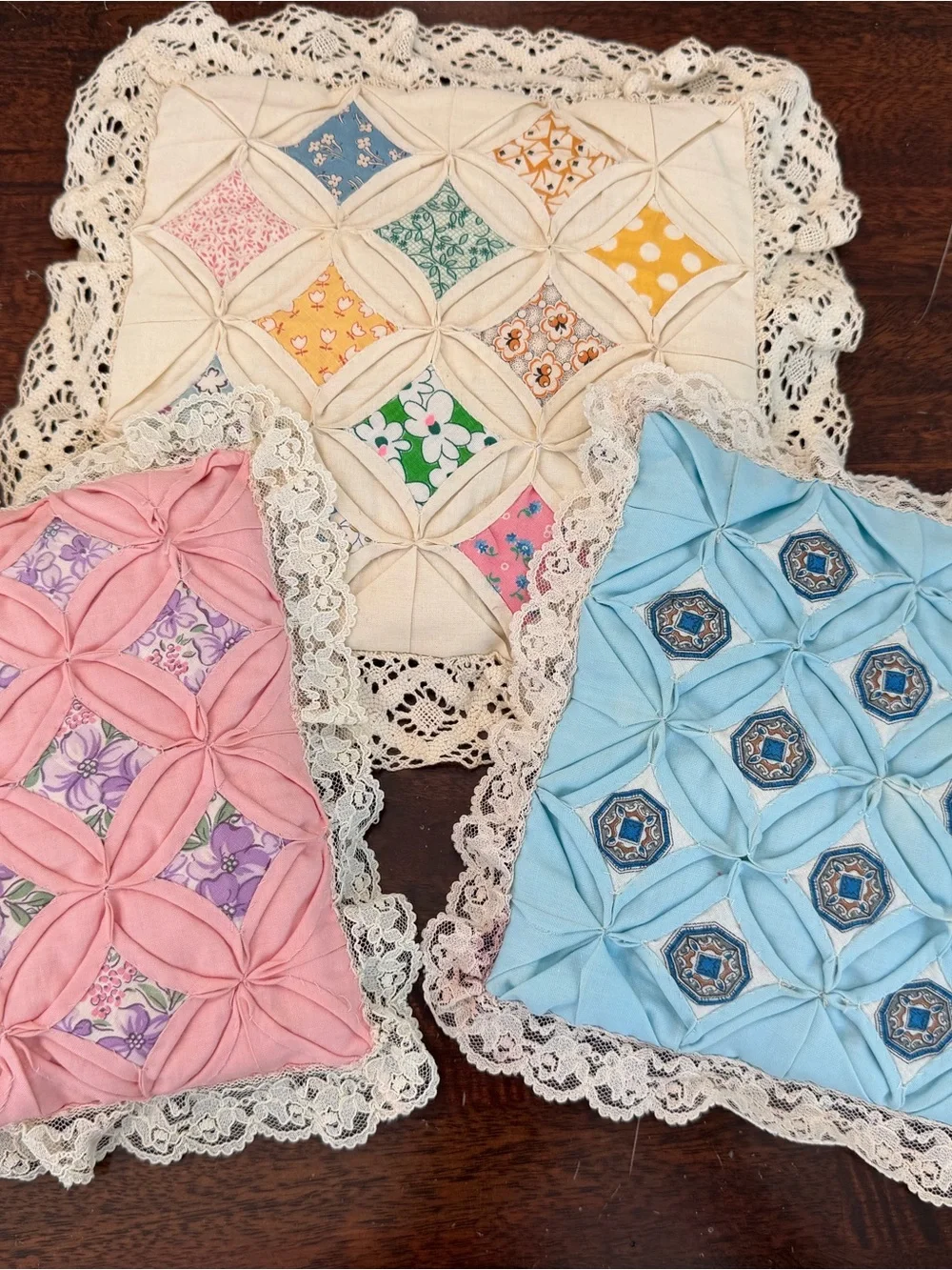 Vintage cathedral window quilted W/ lace pillow set of 3 11”x11”, 9”x9” cottage